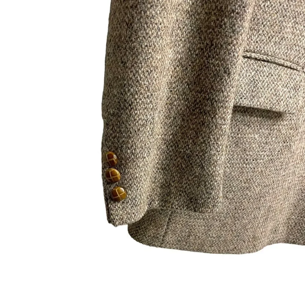 HARRIS TWEED Vintage Hand Woven Double Breasted Wool Jacket Blazer Tan Gray 42R